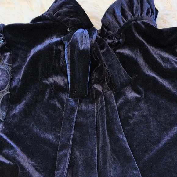 Elegant Navy Blue Velvet Dress with Lace Sleeves - Picture 4 of 6